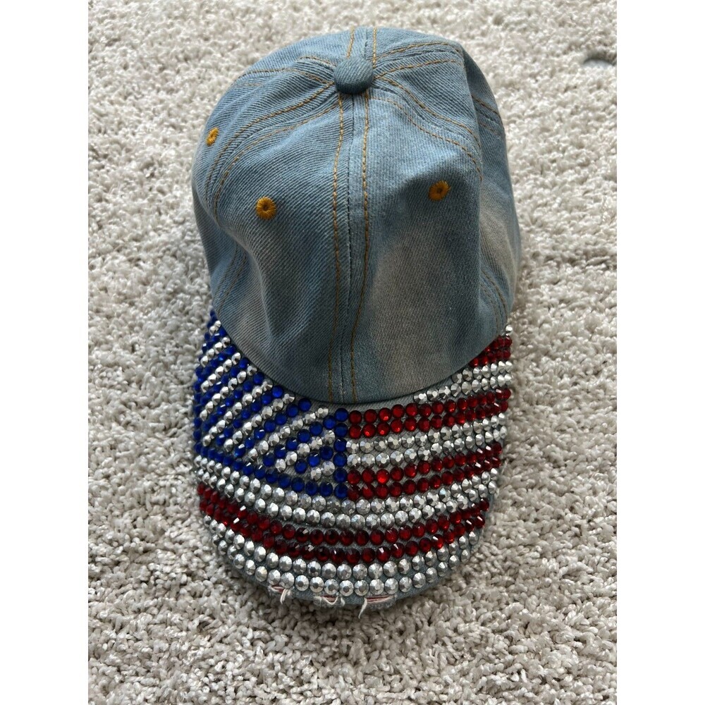 Jewel Studded US Flag Baseball Cap Bling Rhinestone USA Jean Distressed Hat
